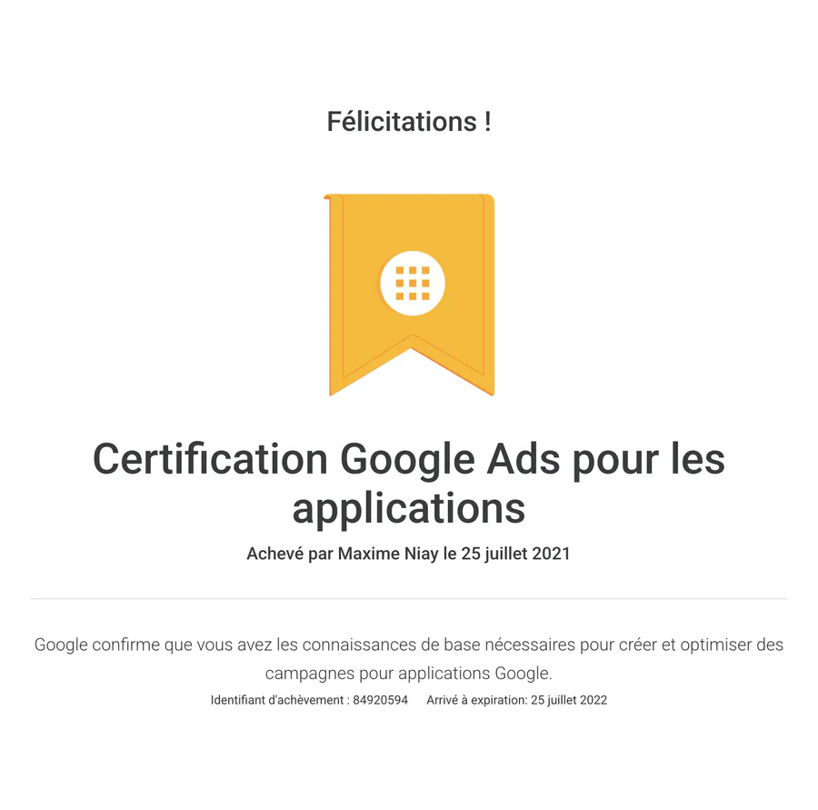 Certification Google Ads pour les applications