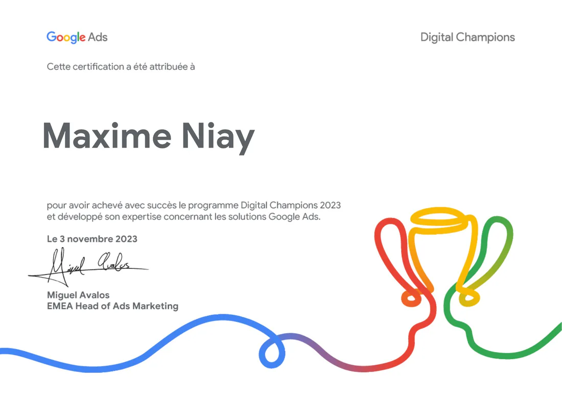 Certification Google Ads Digital Champions 2023 attribuée à Maxime Niay