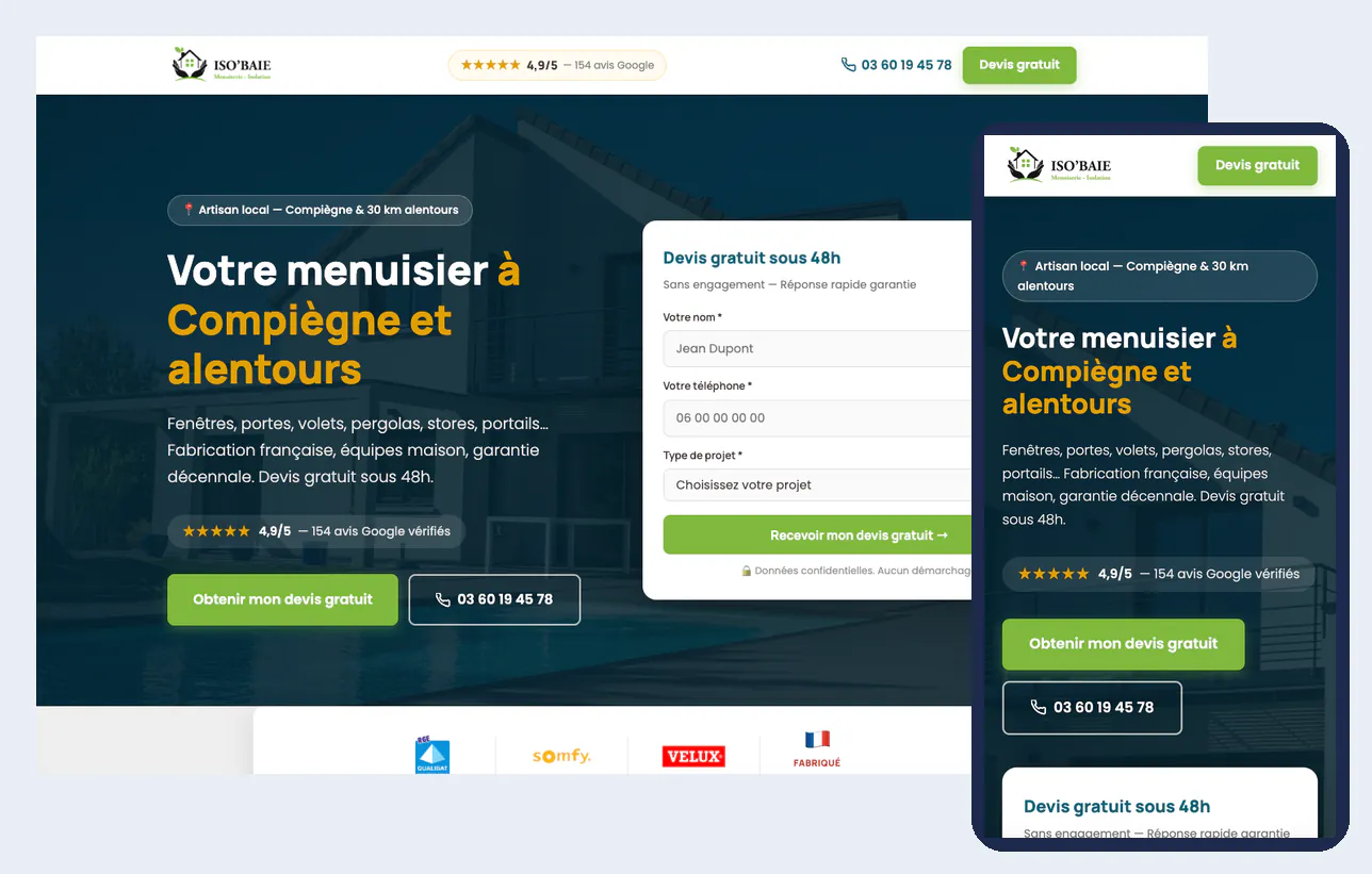 Exemple de landing page conçue pour un menuisier, sur ordinateur et sur mobile : titre local, avis Google, formulaire de devis et bouton d'appel