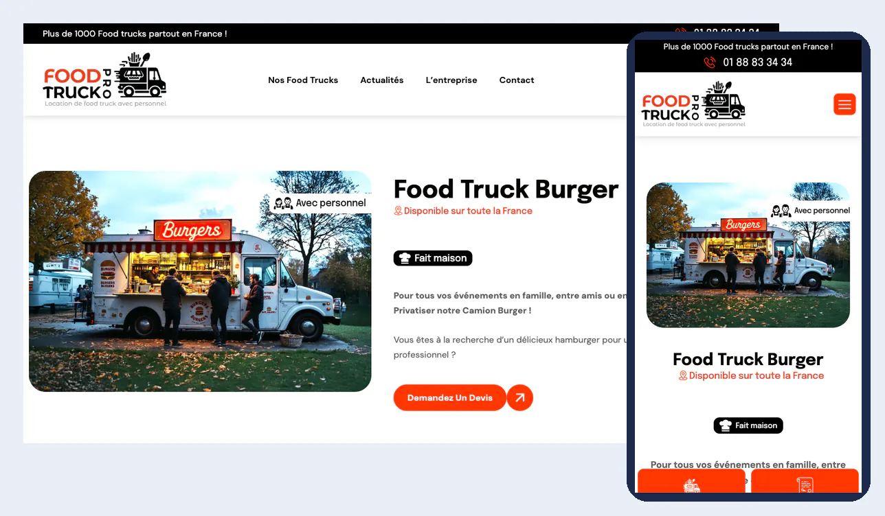 Exemple de landing page pour la location d'un food truck burger, sur ordinateur et sur mobile, avec boutons de devis gratuit et immédiat