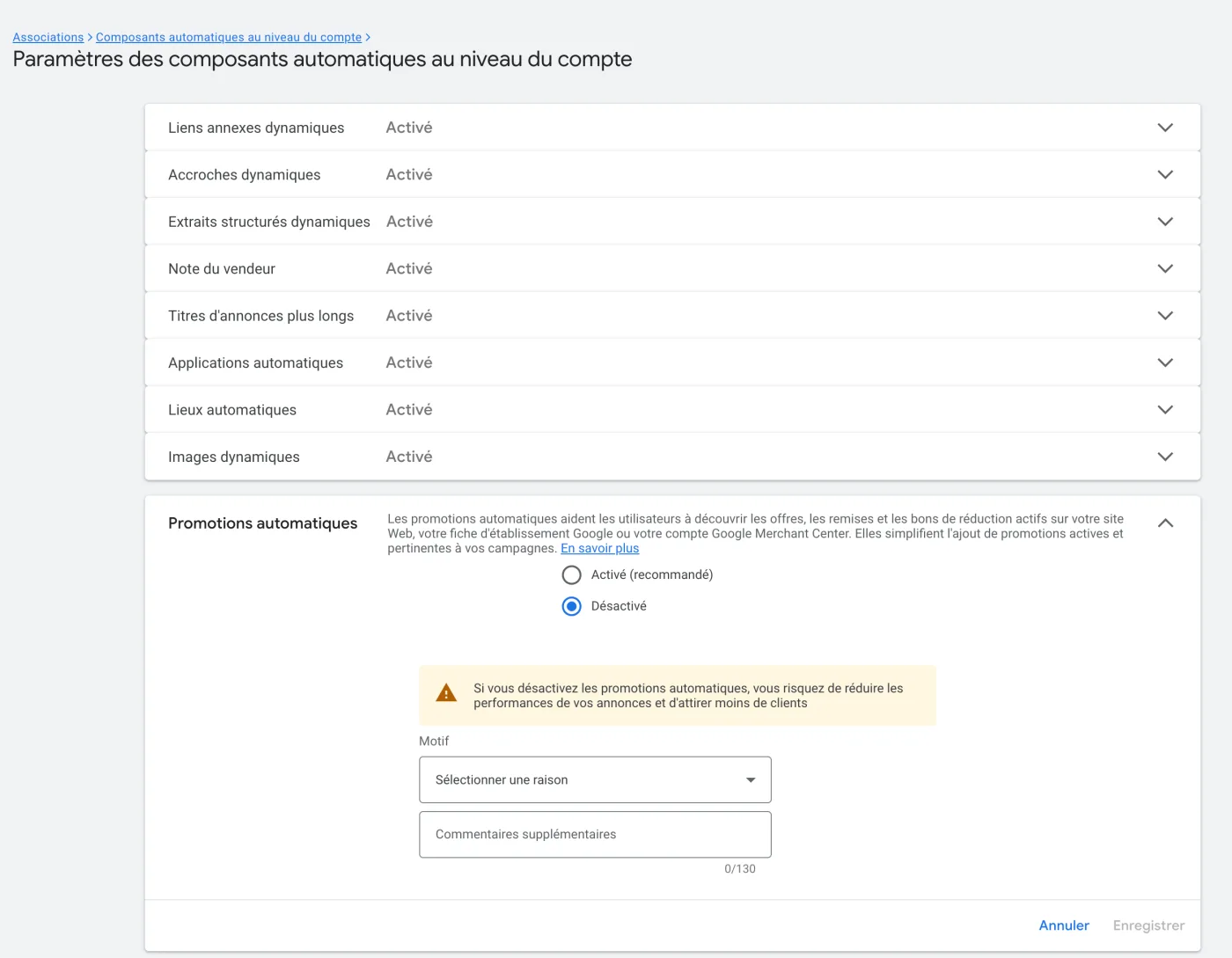 Paramètres des composants automatiques au niveau du compte dans Google Ads : Promotions automatiques sur Désactivé, avec l'avertissement de Google et le choix du motif