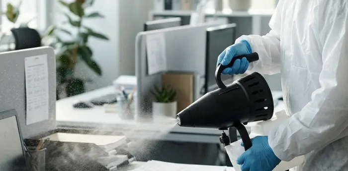Technicien en combinaison traitant des bureaux contre les nuisibles