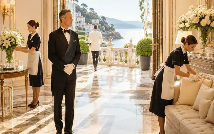 Personnel de conciergerie dans le hall d'une villa de luxe