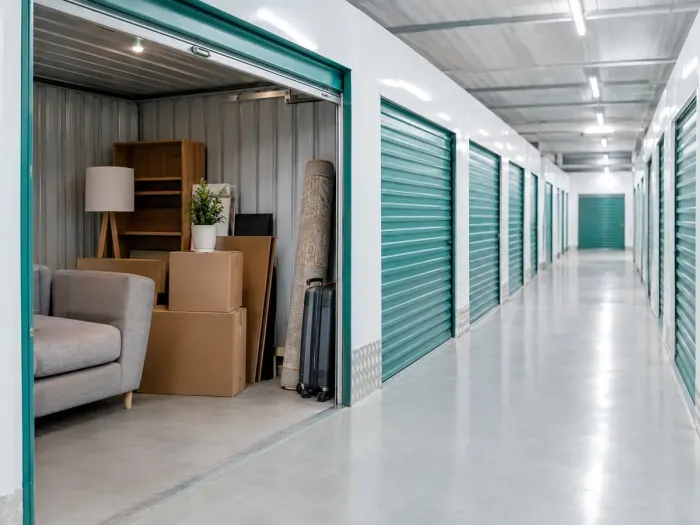 Couloir de box de self-stockage avec un box ouvert
