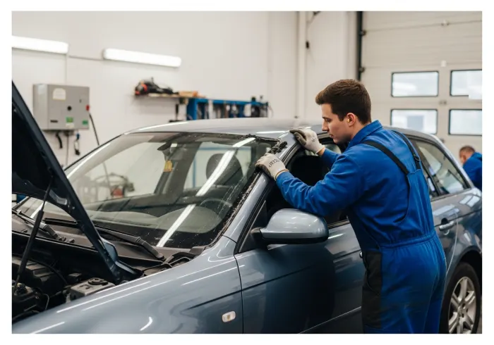 Technicien remplaçant un pare-brise en atelier